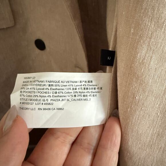 THEORY | Piazza Tan Linen Blend Double Breasted Blazer | Size 2 Summer Blazer - Picture 6 of 9